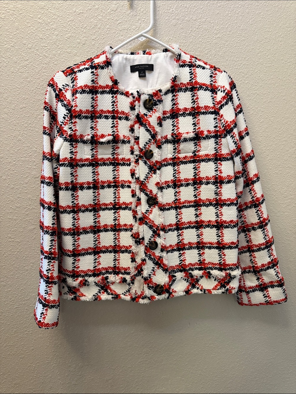 Ann Taylor White Tweed Plaid Jacket with Red & Black Windowpane